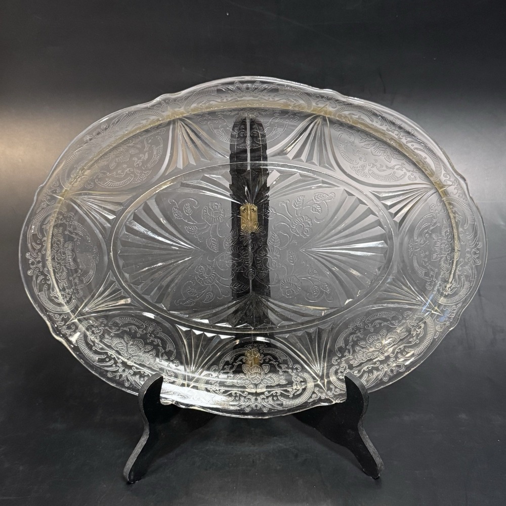 Vintage Federal Glass Oval Serving Platter Clear Etched Glass Madrid Pattern